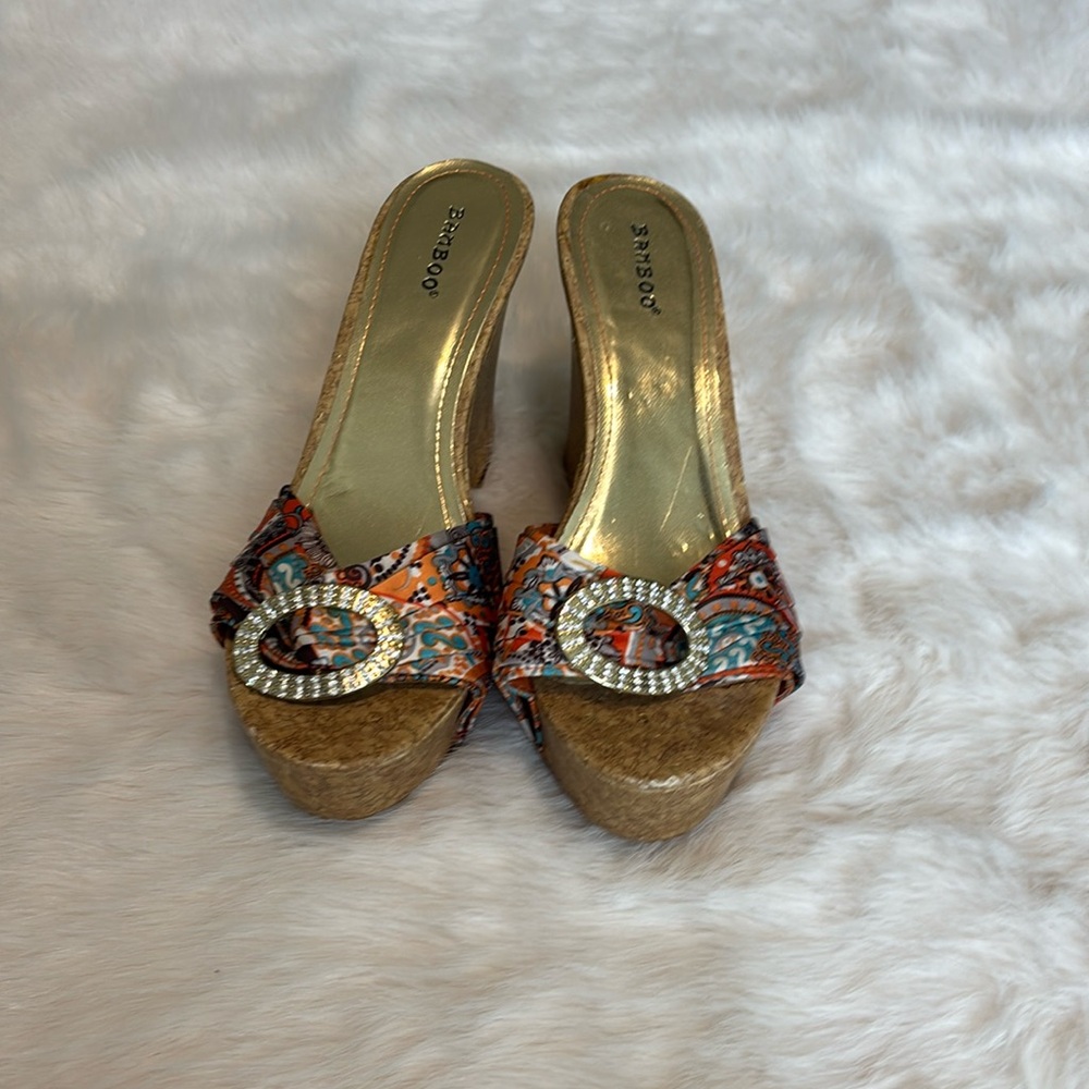 Bamboo wedge slip on sandals